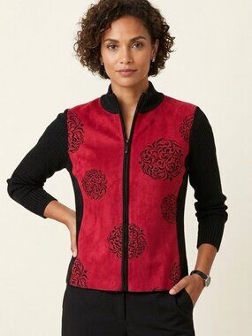 Faux Suede Fleeceline Ribbed Knit Panel Full-Zip Jacket Crimson Red Black Size L